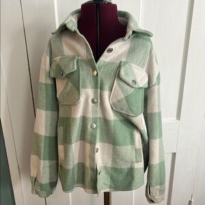 Green and Cream Utility Jacket with Plaid Pattern